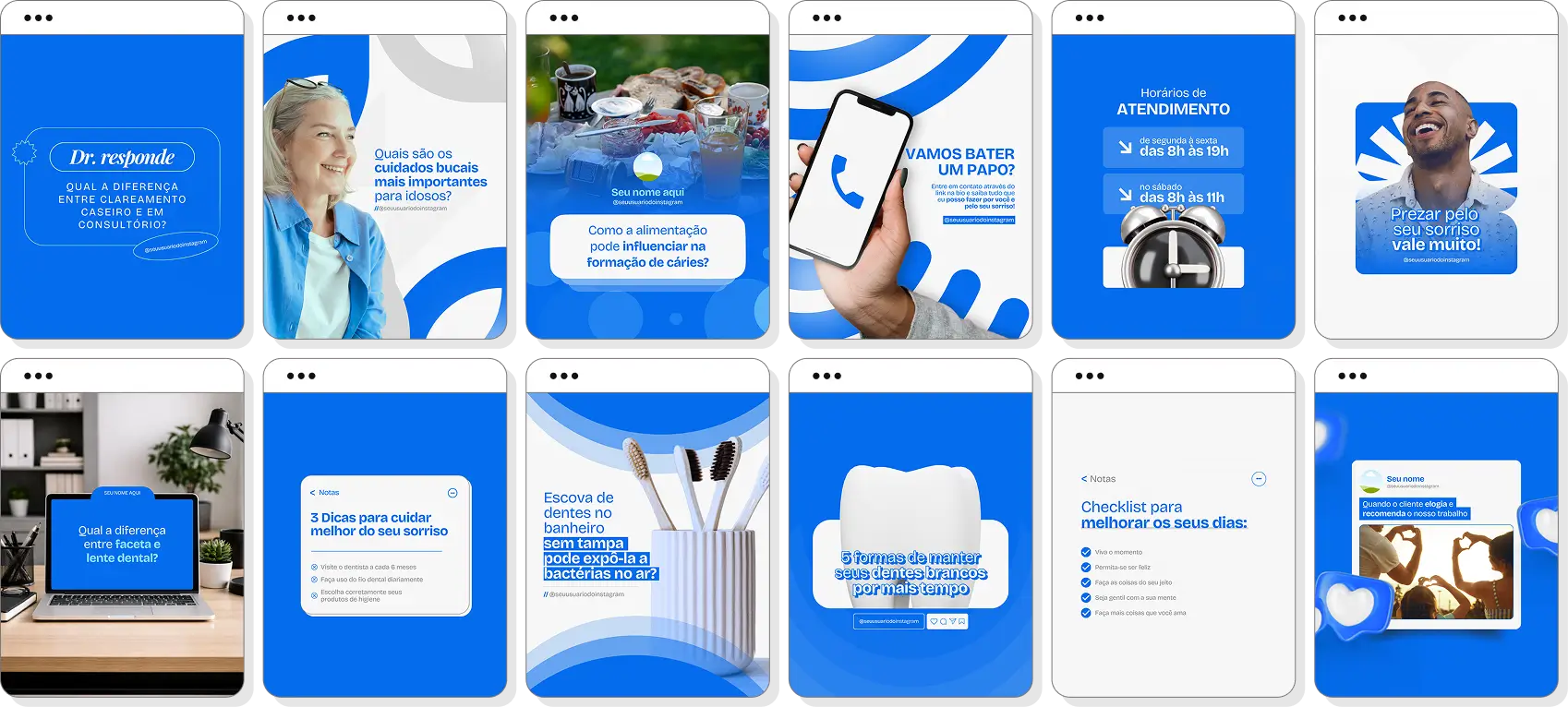 Social media dentista com pack de posts para Instagram de odontologia e saúde bucal preventiva