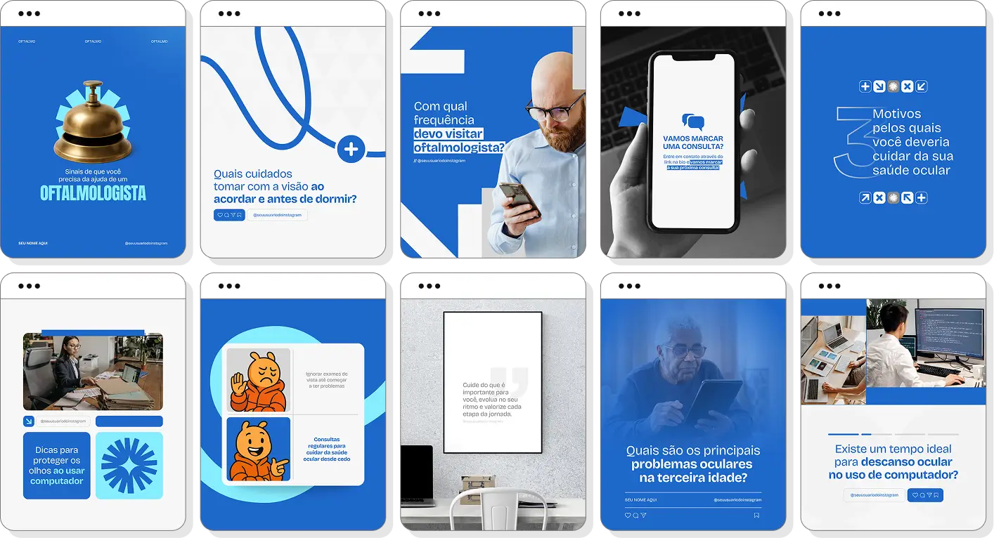 Pack Canva oftalmologia com posts editáveis para Instagram de cuidados com os olhos e saúde visual