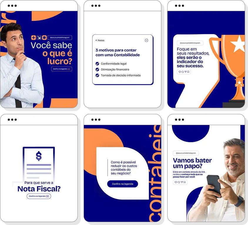 Posts para contabilidade com ideias de conteúdo para Instagram sobre impostos, tributos e gestão empresarial