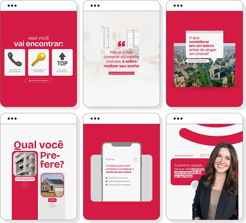Posts para perfil de corretor de imóveis no Instagram com templates Canva para divulgação imobiliária