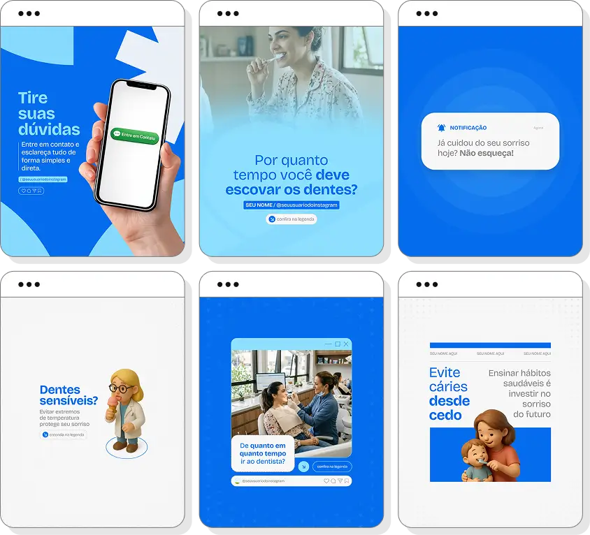 Pack Canva dentista com artes para Instagram de saúde bucal, estética dental e prevenção