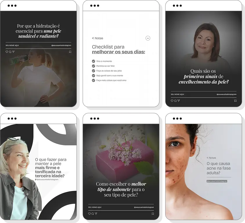 Posts para dermatologista com ideias de conteúdo para Instagram sobre saúde da pele e prevenção