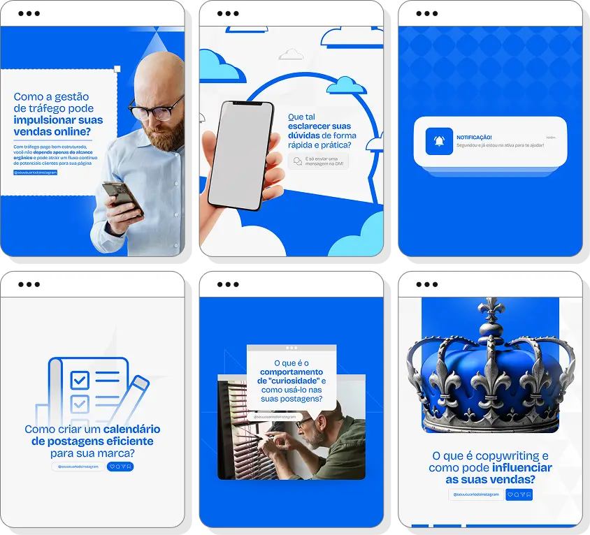 Posts para gestor de tráfego com ideias de conteúdo para Instagram sobre anúncios online e conversões