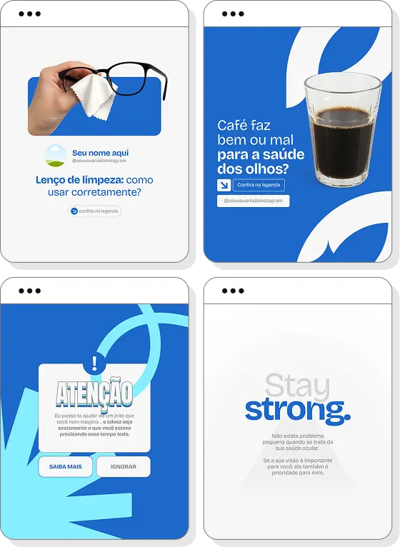Pack Canva oftalmologia com ideias de posts para perfil de Instagram sobre visão e saúde ocular
