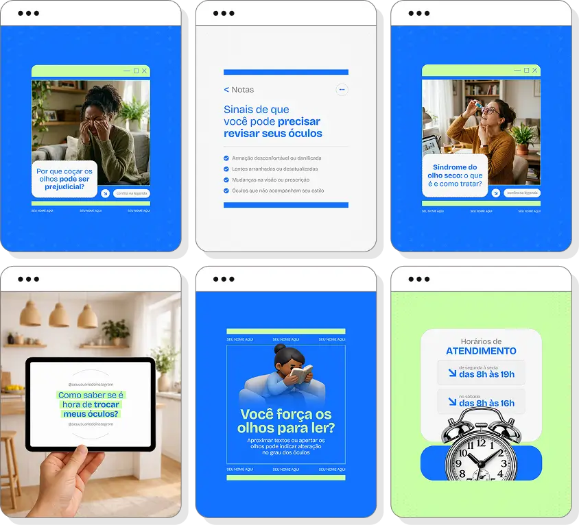 Pack Canva ótica com ideias de posts para perfil de Instagram sobre óculos e saúde visual