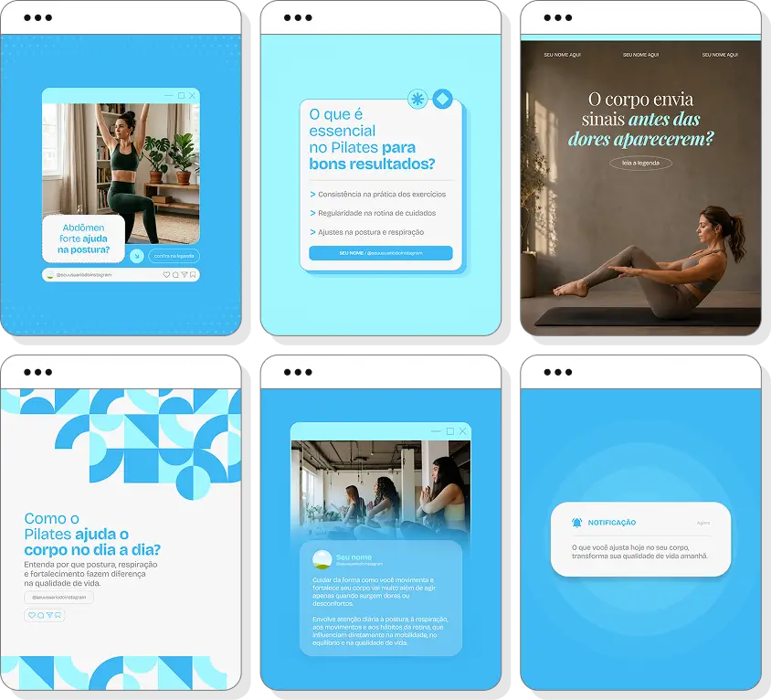 Pack Canva pilates com posts para Instagram de alongamento, mobilidade e qualidade de vida