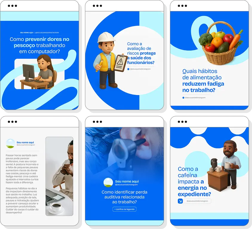 Pack Canva saúde ocupacional com posts editáveis para Instagram de prevenção e qualidade de vida laboral