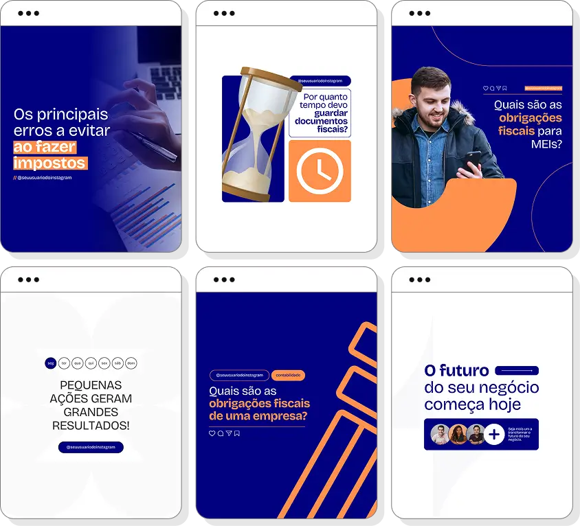 Pack de posts para contabilidade com templates no Canva para Instagram sobre finanças, impostos e gestão financeira
