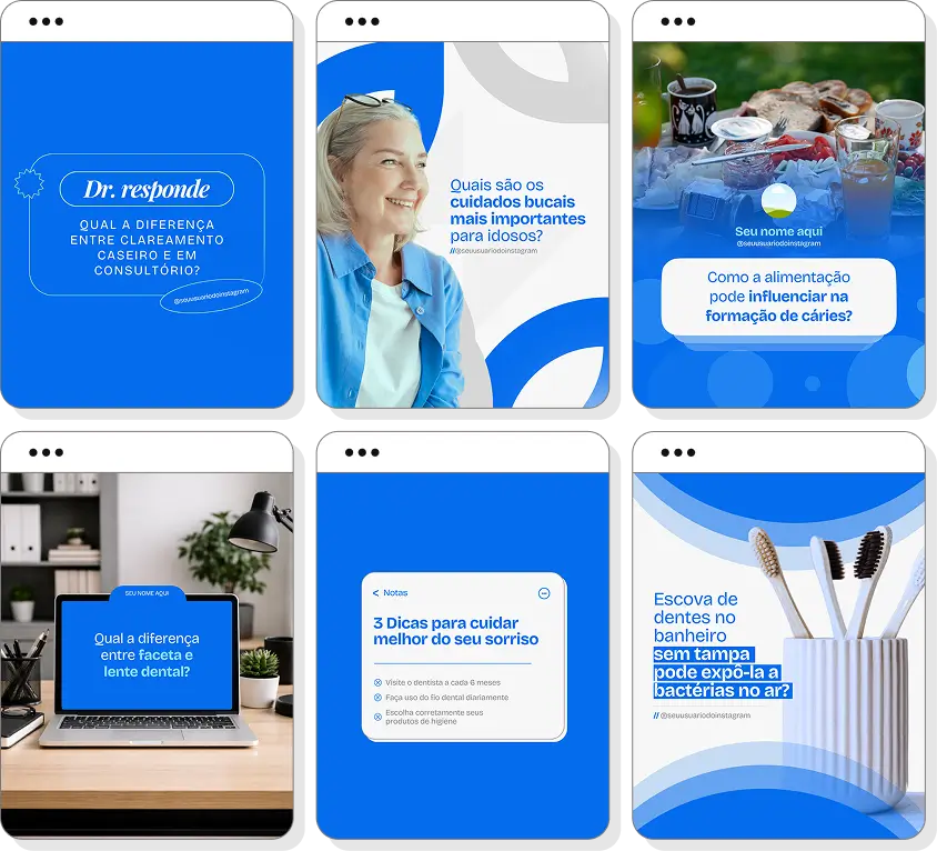 Pack social media dentista com templates para Instagram de odontologia e prevenção bucal