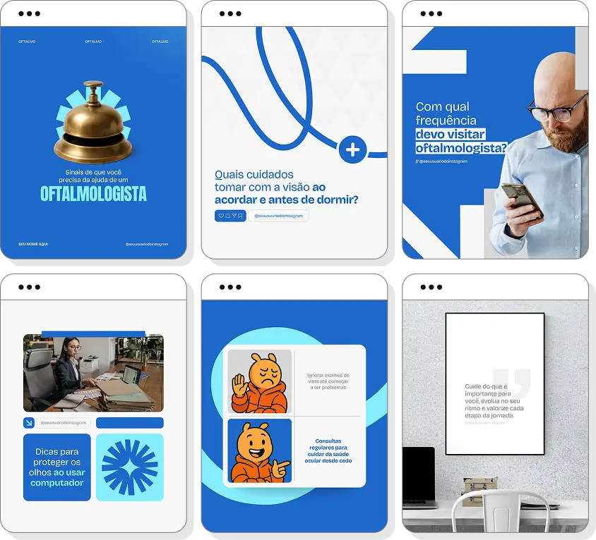 Posts para oftalmologia com ideias de conteúdo para Instagram sobre visão, exames oftalmológicos e prevenção