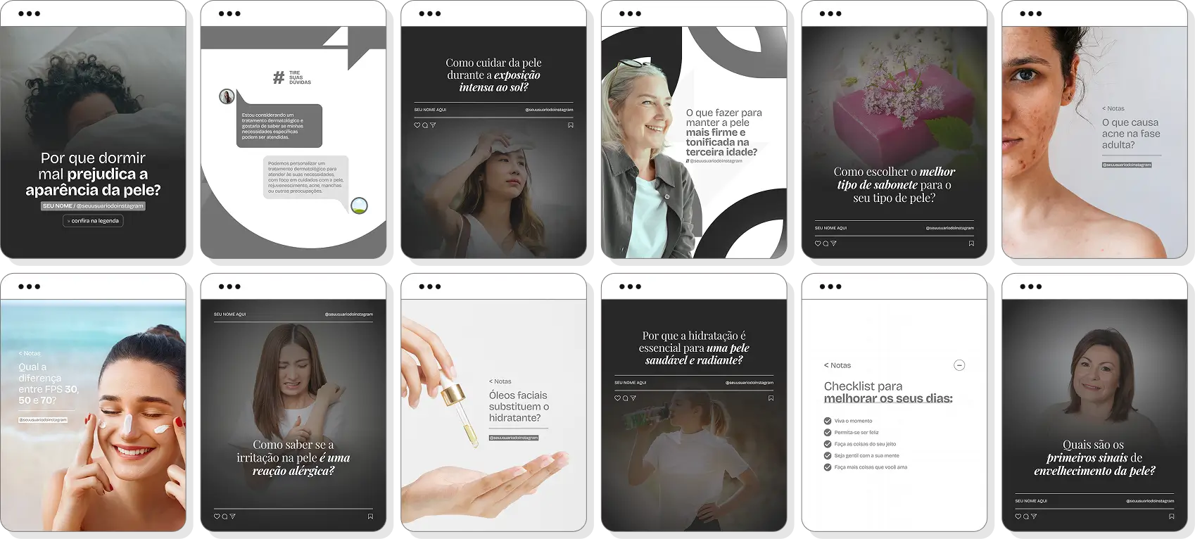 Pack Canva dermatologista com posts editáveis para Instagram de cuidados com a pele e dermatologia