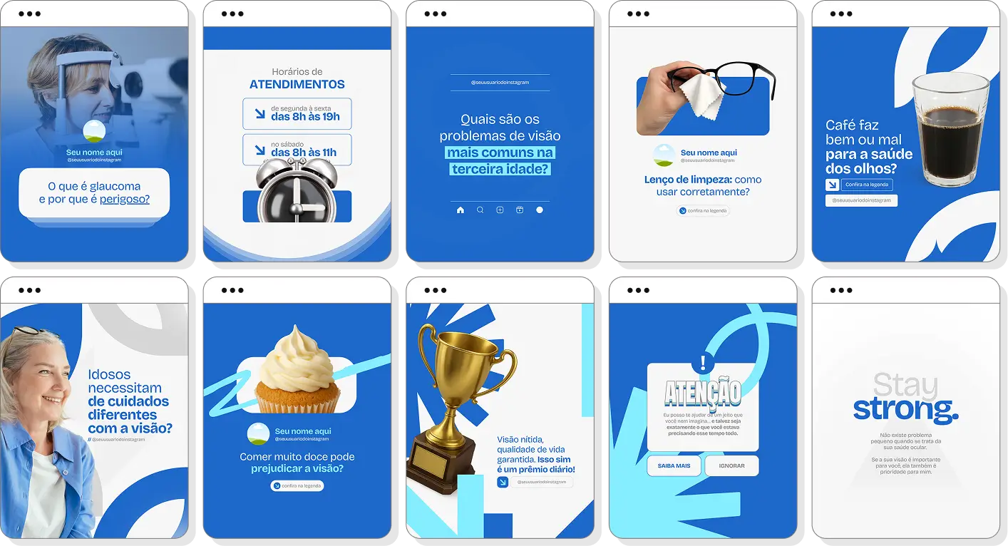 Social media oftalmologia com pack de posts para Instagram de saúde visual e cuidados oftalmológicos