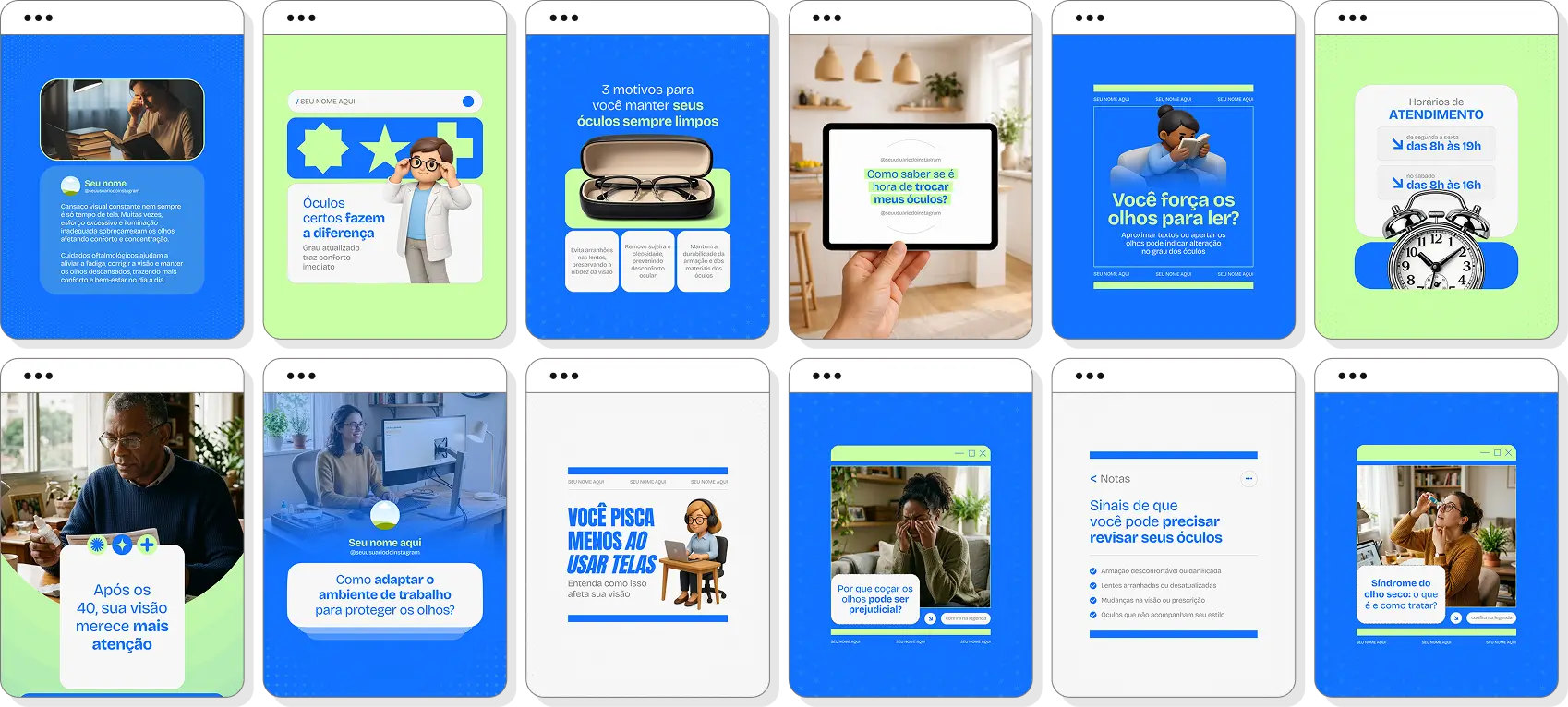 Social media ótica com pack de posts para Instagram de óculos, lentes e saúde dos olhos