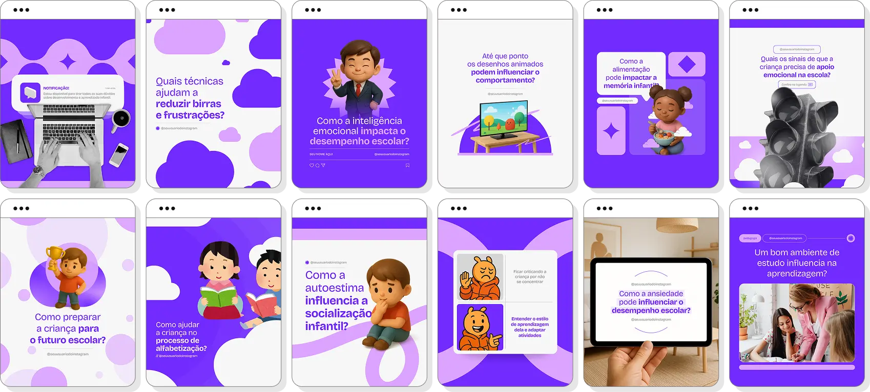Pack de posts editáveis pedagogia com Instagram de aprendizagem, alfabetização e desenvolvimento infantil