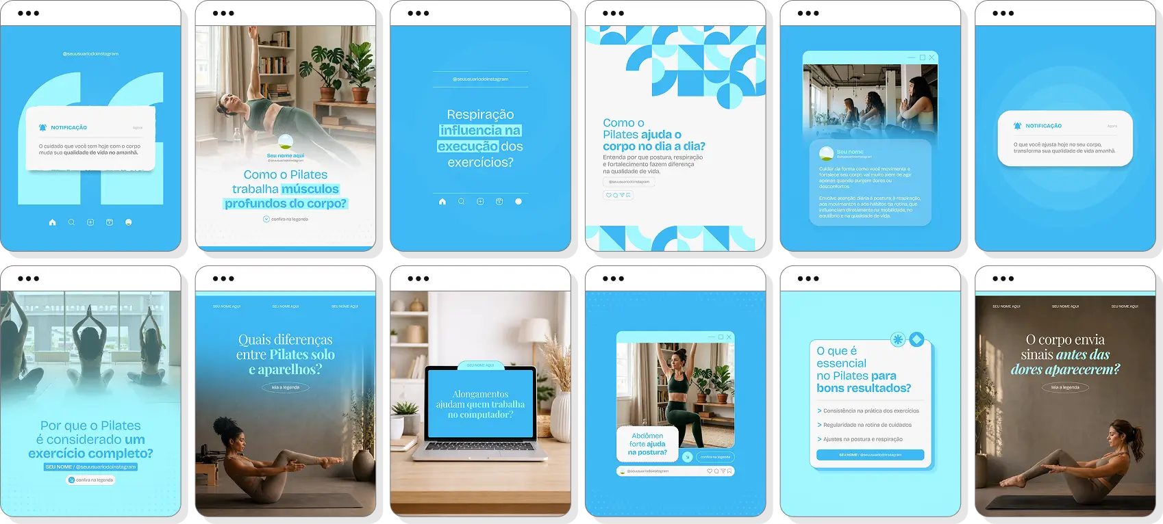 Pack social media pilates com conteúdos para Instagram de flexibilidade e saúde corporal