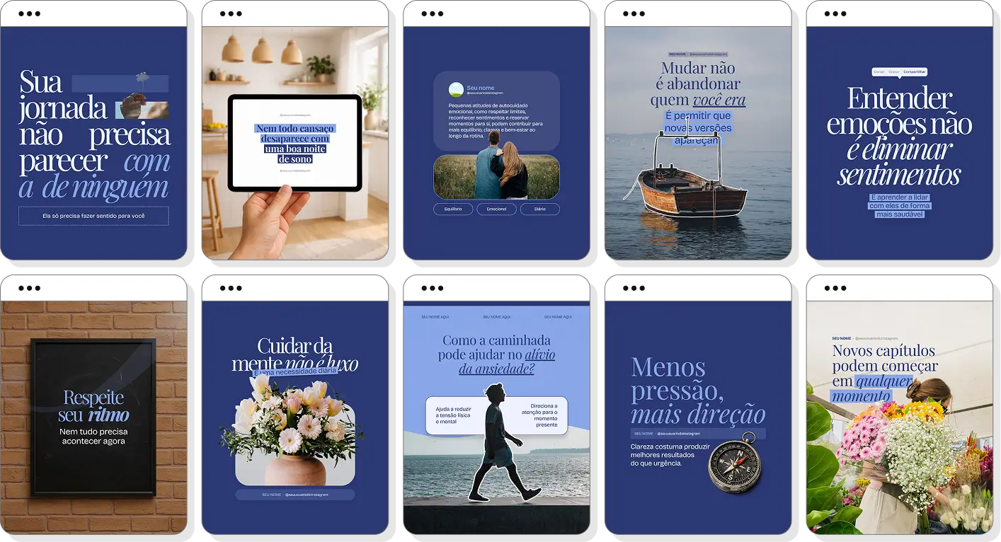 Pack de posts editáveis psicologia com foco em terapia, comportamento humano e bem-estar emocional