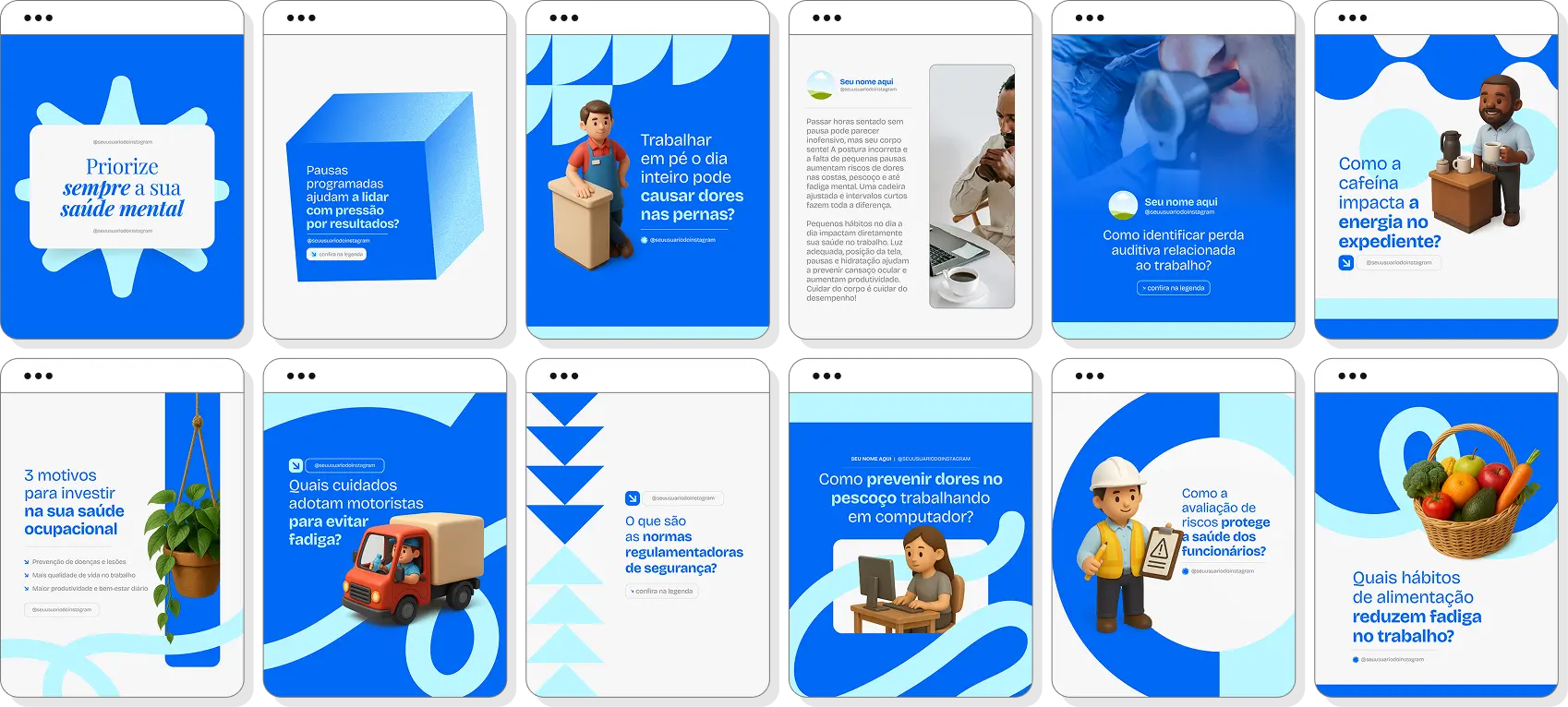 Posts para saúde ocupacional com ideias de conteúdo para Instagram sobre segurança e saúde no trabalho