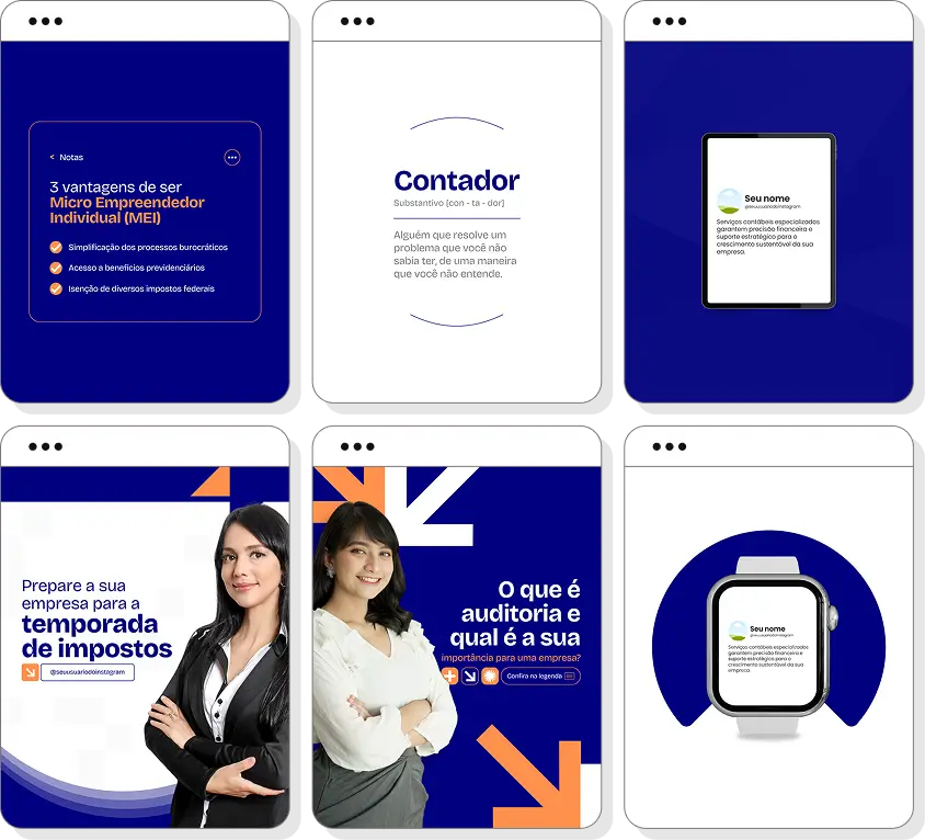 Pack Canva contabilidade com posts editáveis para Instagram de serviços contábeis e organização financeira