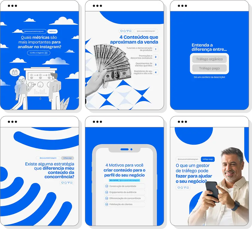 Pack de posts para gestor de tráfego com templates no Canva para Instagram sobre anúncios e marketing digital