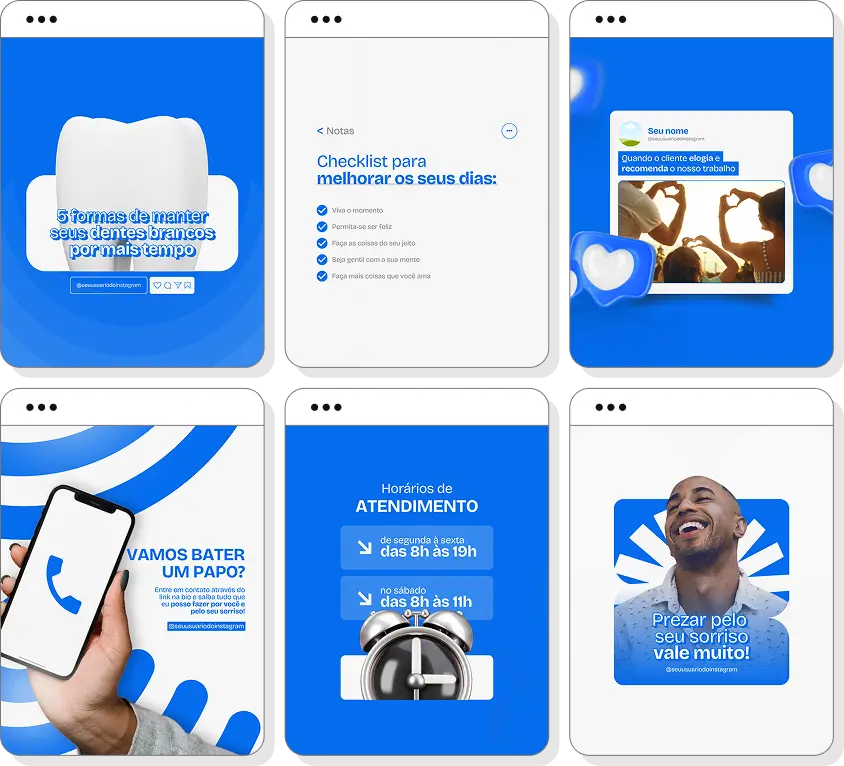 Pack de posts para odontologia com ideias de conteúdo para Instagram sobre dentes e sorriso saudável