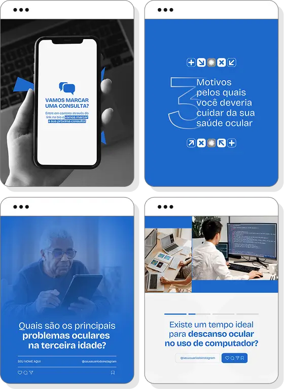 Pack de posts para oftalmologia com templates no Canva para Instagram sobre saúde ocular, visão e prevenção visual
