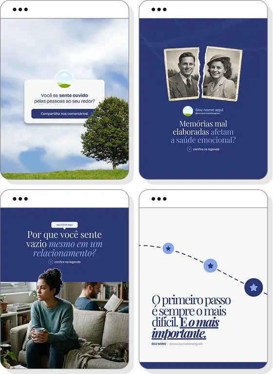 Pack de posts psicologia com templates para Instagram de saúde mental e terapia psicológica