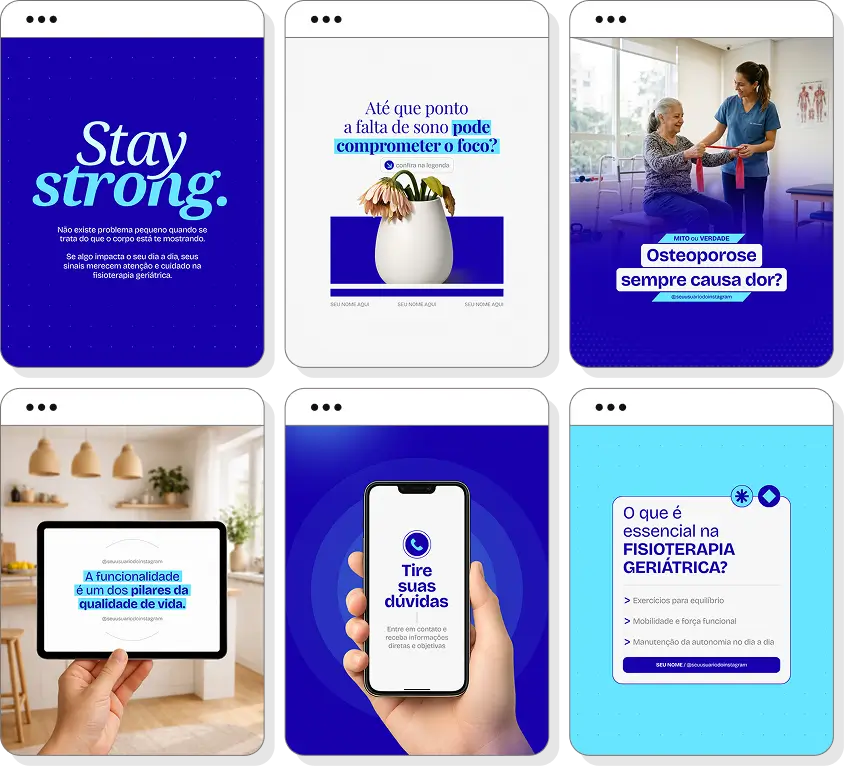 Pack de posts editáveis fisioterapia geriátrica com foco em mobilidade, equilíbrio e envelhecimento saudável