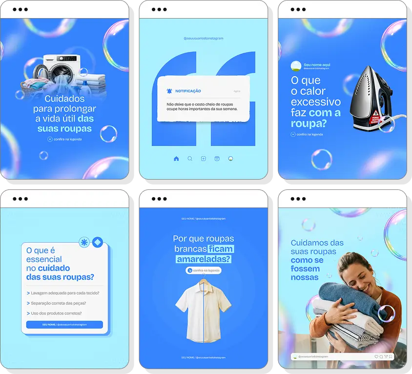 Pack de posts editáveis lavanderia com foco em cuidados com roupas e serviços de lavanderia