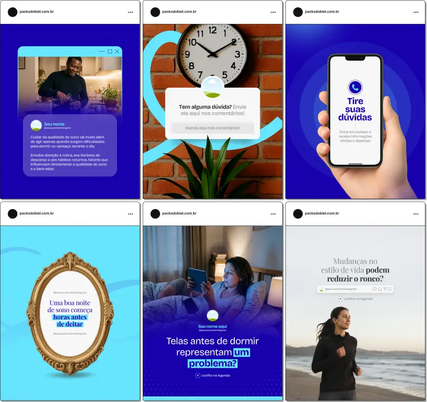 Pack de posts para Instagram medicina do sono com artes editáveis no Canva de higiene do sono