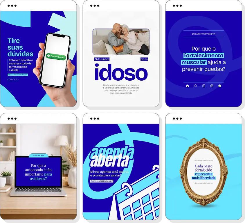 Posts para fisioterapia geriátrica com ideias de conteúdo para Instagram de reabilitação de idosos