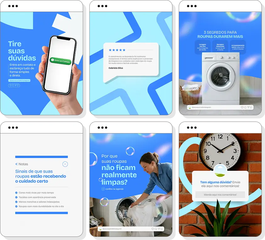 Pack Canva lavanderia com posts prontos para Instagram sobre cuidados com roupas e lavanderia profissional