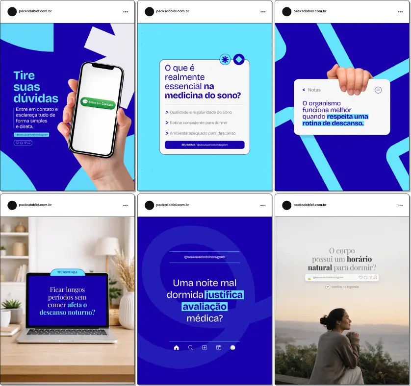 Pack Canva medicina do sono com posts para Instagram de sono saudável e qualidade de vida