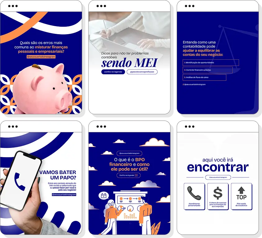 Social media contabilidade com pack de posts para Instagram de serviços contábeis e gestão financeira