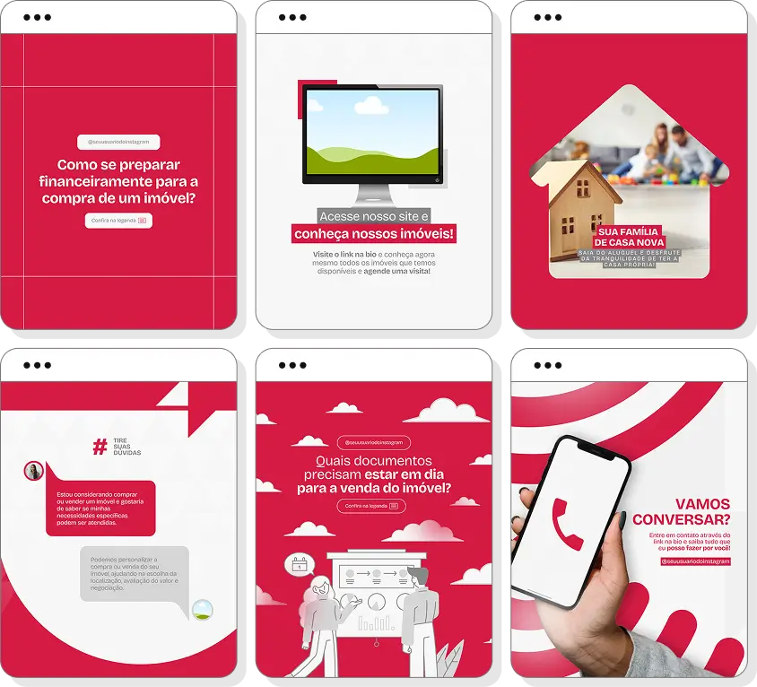Pack de posts para Instagram corretor de imóveis com artes editáveis sobre imóveis e oportunidades