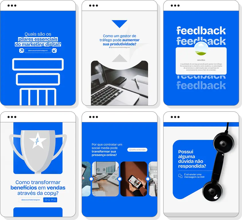 Pack Canva gestor de tráfego com ideias de posts para perfil de Instagram sobre tráfego pago e marketing