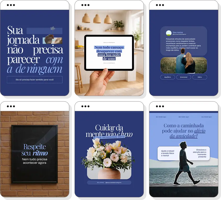Social media psicologia com pack de posts para Instagram de saúde mental e autoconhecimento