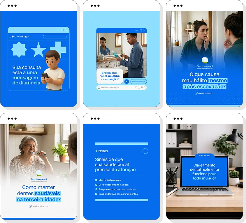 Pack de posts editáveis para Instagram dentista com foco em higiene bucal e tratamentos dentários