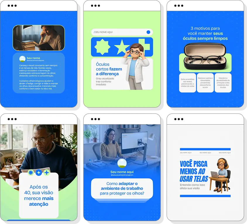 Pack de posts editáveis ótica com foco em saúde ocular, óculos e qualidade visual