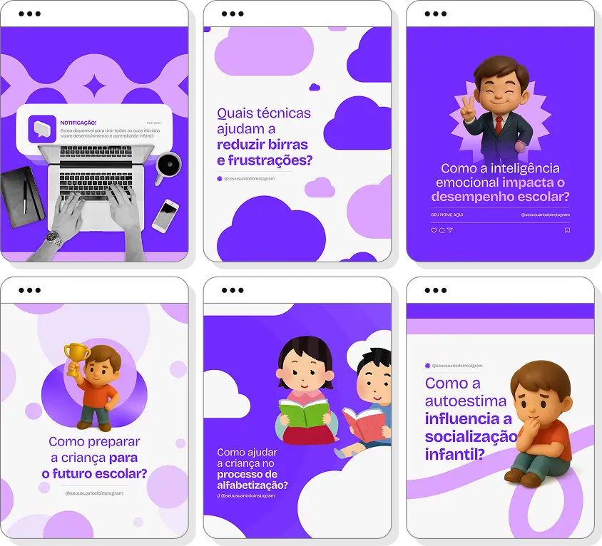 Posts para pedagogia com ideias de conteúdo para Instagram sobre ensino, aprendizagem e educação infantil