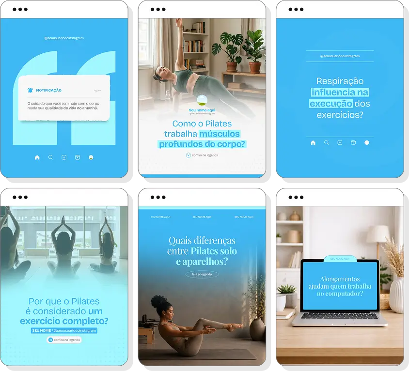 Pack de posts para Instagram pilates com artes editáveis sobre postura e condicionamento físico
