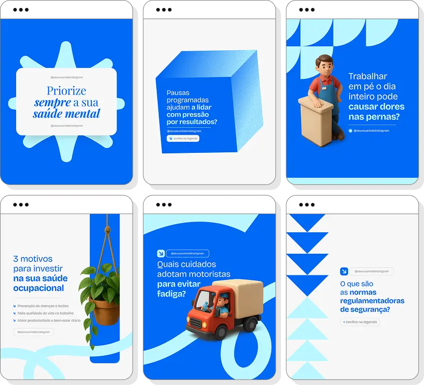 Pack de posts para saúde ocupacional com templates no Canva para Instagram sobre segurança e bem-estar no trabalho