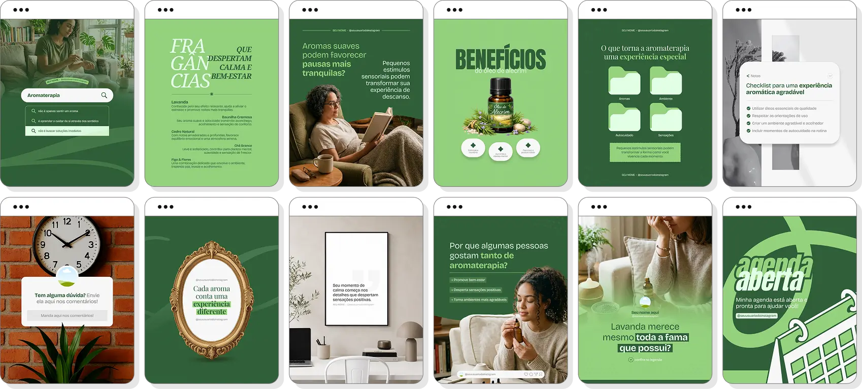 Pack Canva aromaterapia com posts editáveis para Instagram de óleos essenciais e terapias naturais