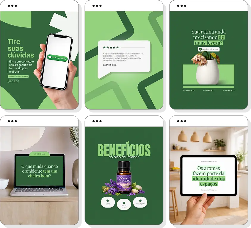 Pack Canva aromaterapia com ideias de posts para perfil de Instagram sobre óleos essenciais e bem-estar