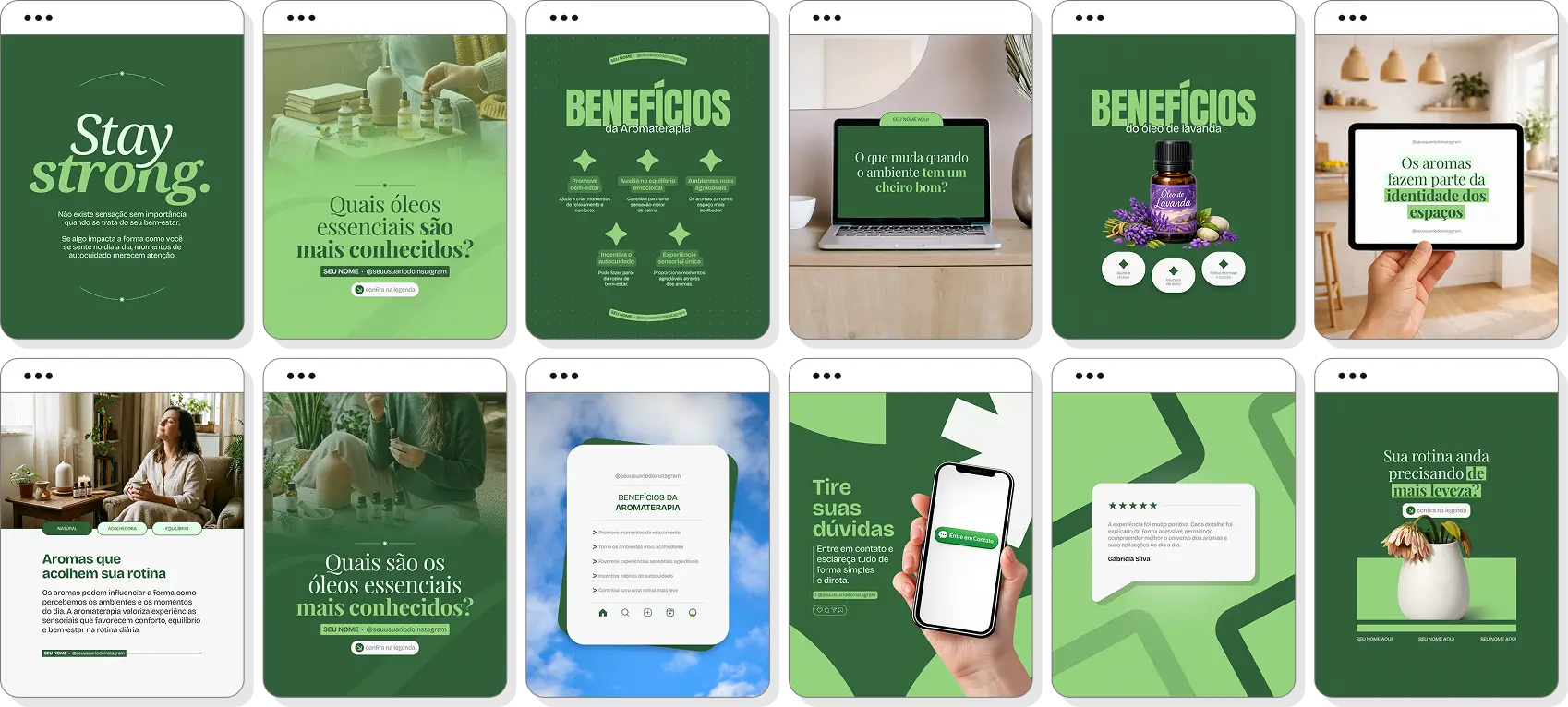 Pack de posts editáveis aromaterapia com foco em bem-estar, óleos essenciais e terapias naturais