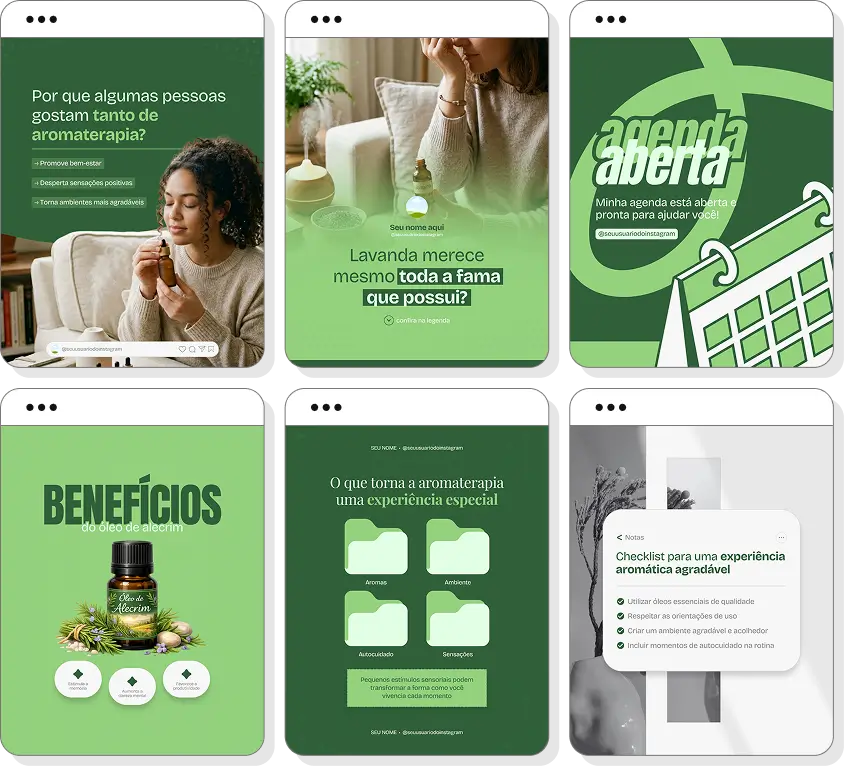 Pack de posts para Instagram aromaterapia com artes editáveis sobre óleos essenciais e bem-estar