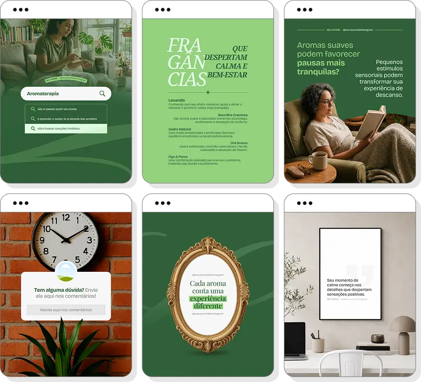 Pack social media aromaterapia com conteúdos para Instagram de terapias naturais e óleos essenciais