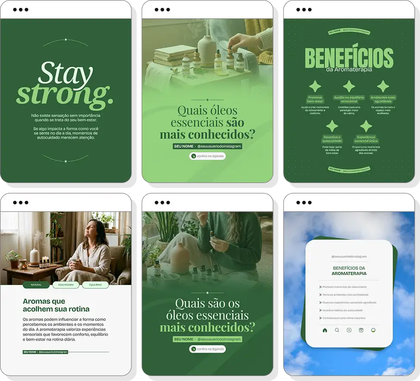 Posts para perfil de aromaterapia no Instagram com templates Canva sobre óleos essenciais e equilíbrio