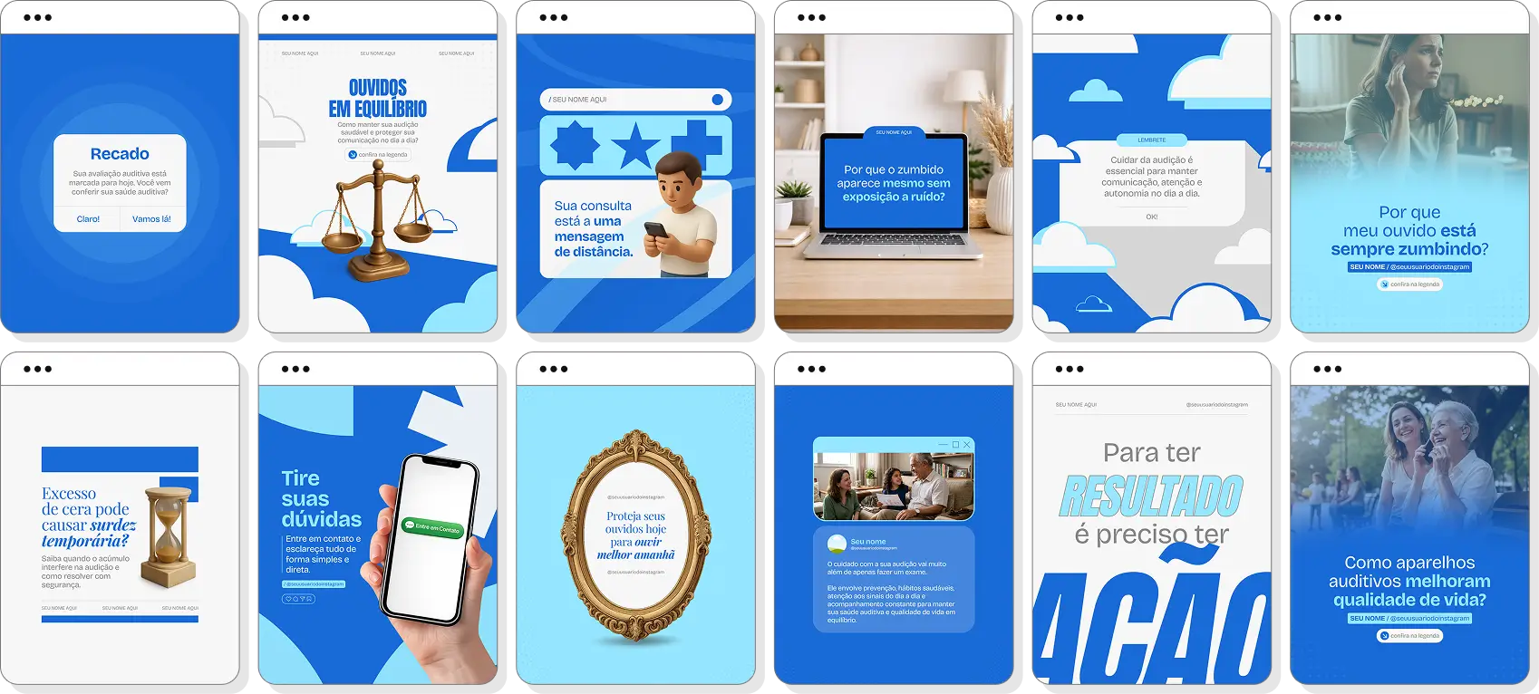 Pack Canva audiologia com posts editáveis para Instagram de saúde auditiva e cuidados com a audição