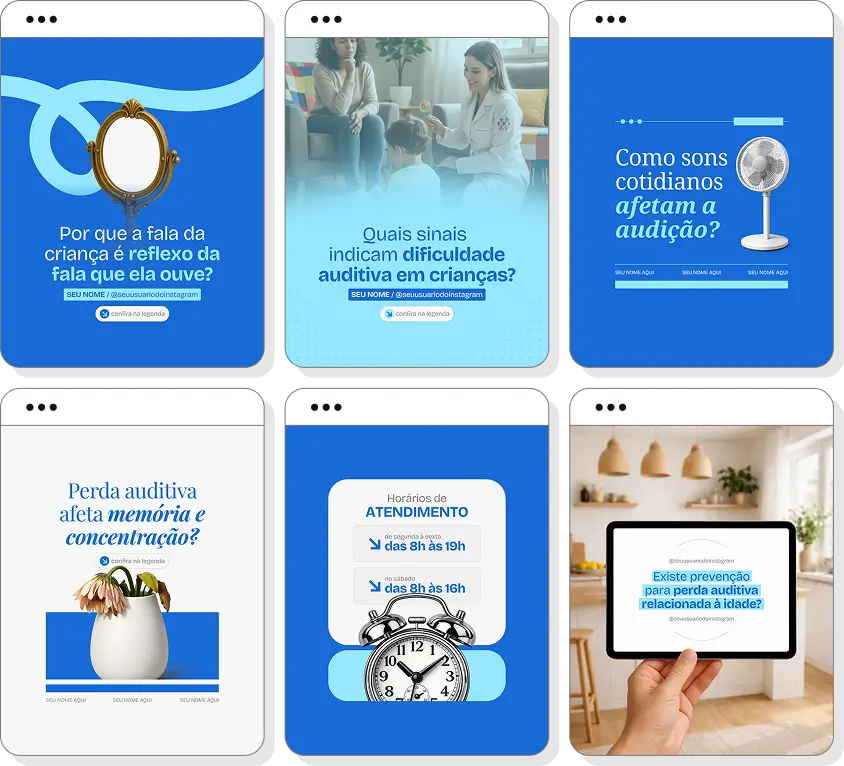 Posts para audiologia com ideias de conteúdo para Instagram sobre audição e prevenção auditiva
