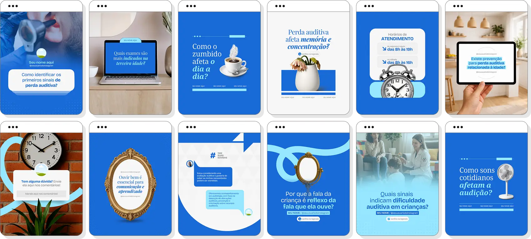 Pack de posts para audiologia com templates no Canva para Instagram sobre audição, prevenção e saúde auditiva